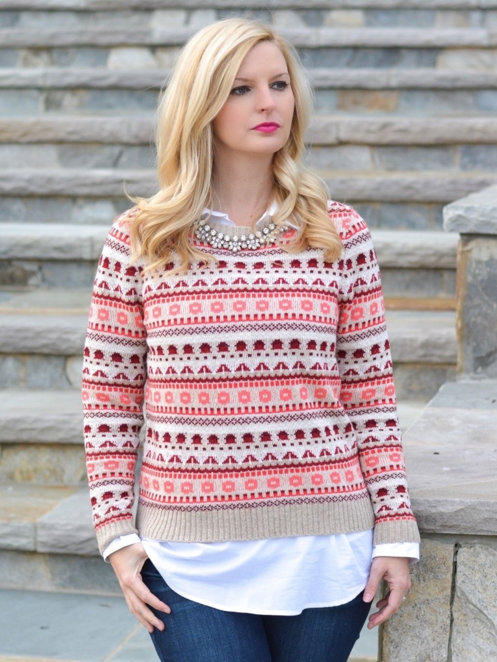Women’s Fair Isle Crewneck Sweater - Pink & Cream